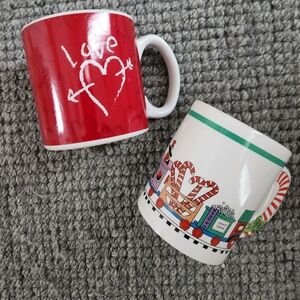 Love Heart Red Mug and Candy Train White Mug Duo
